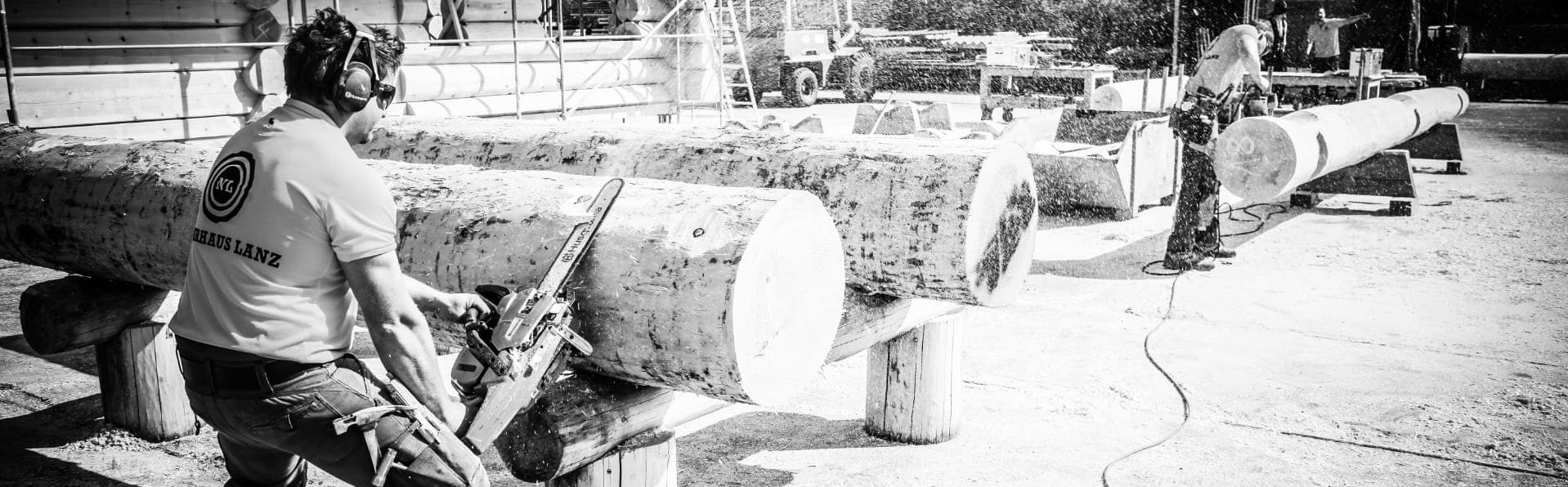 Mitarbeiter beim sägen eines Baumstammes