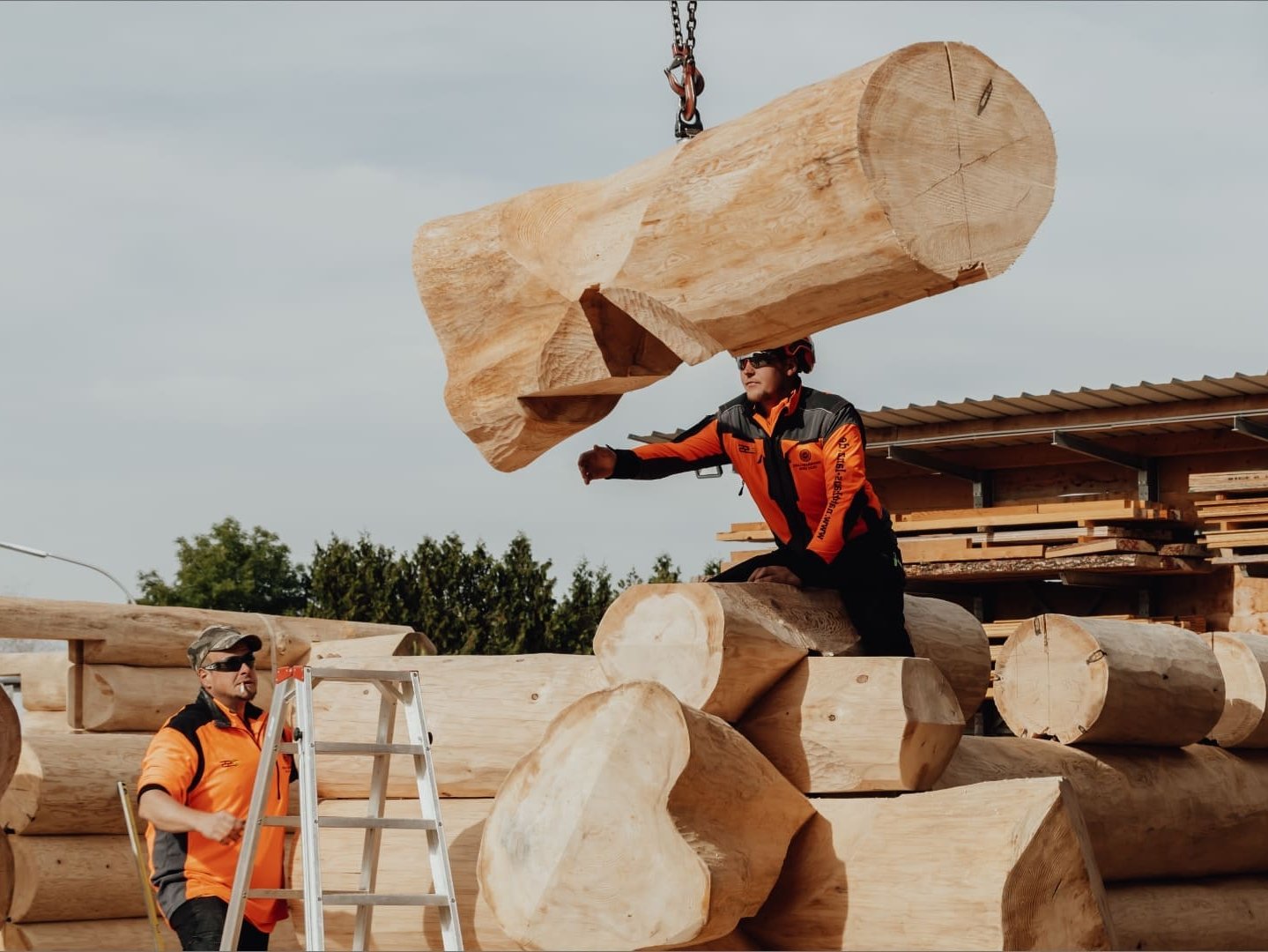 Mitarbeiter beim positionieren eines Naturstammes